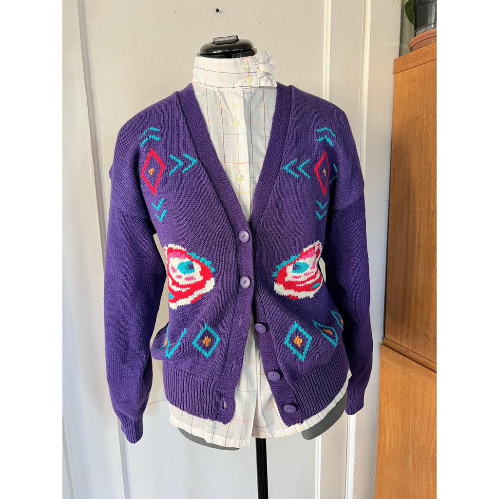 80s Patterned Knit Purple Cardigan Sweater | Size L
