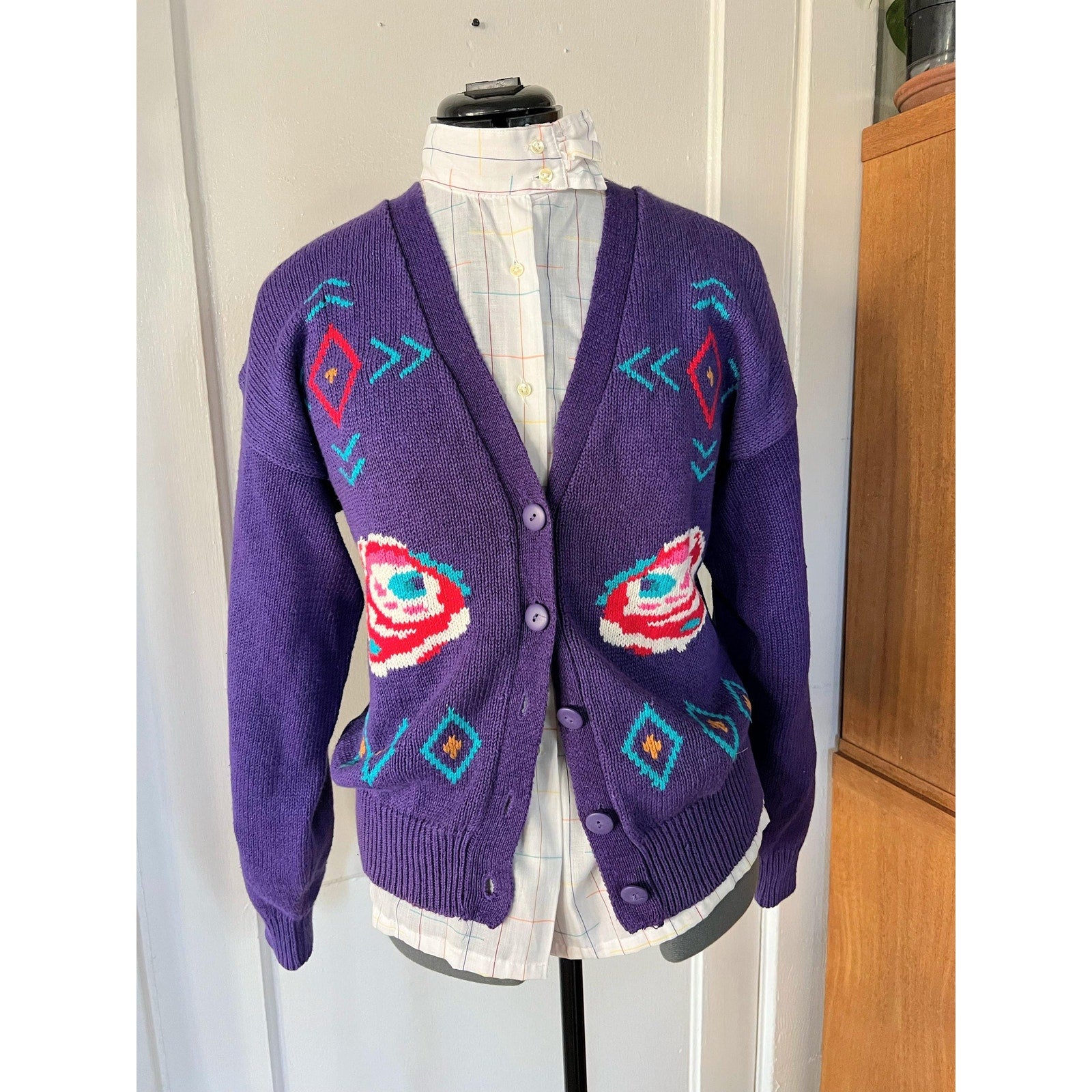 80s Patterned Knit Purple Cardigan Sweater | Size L
