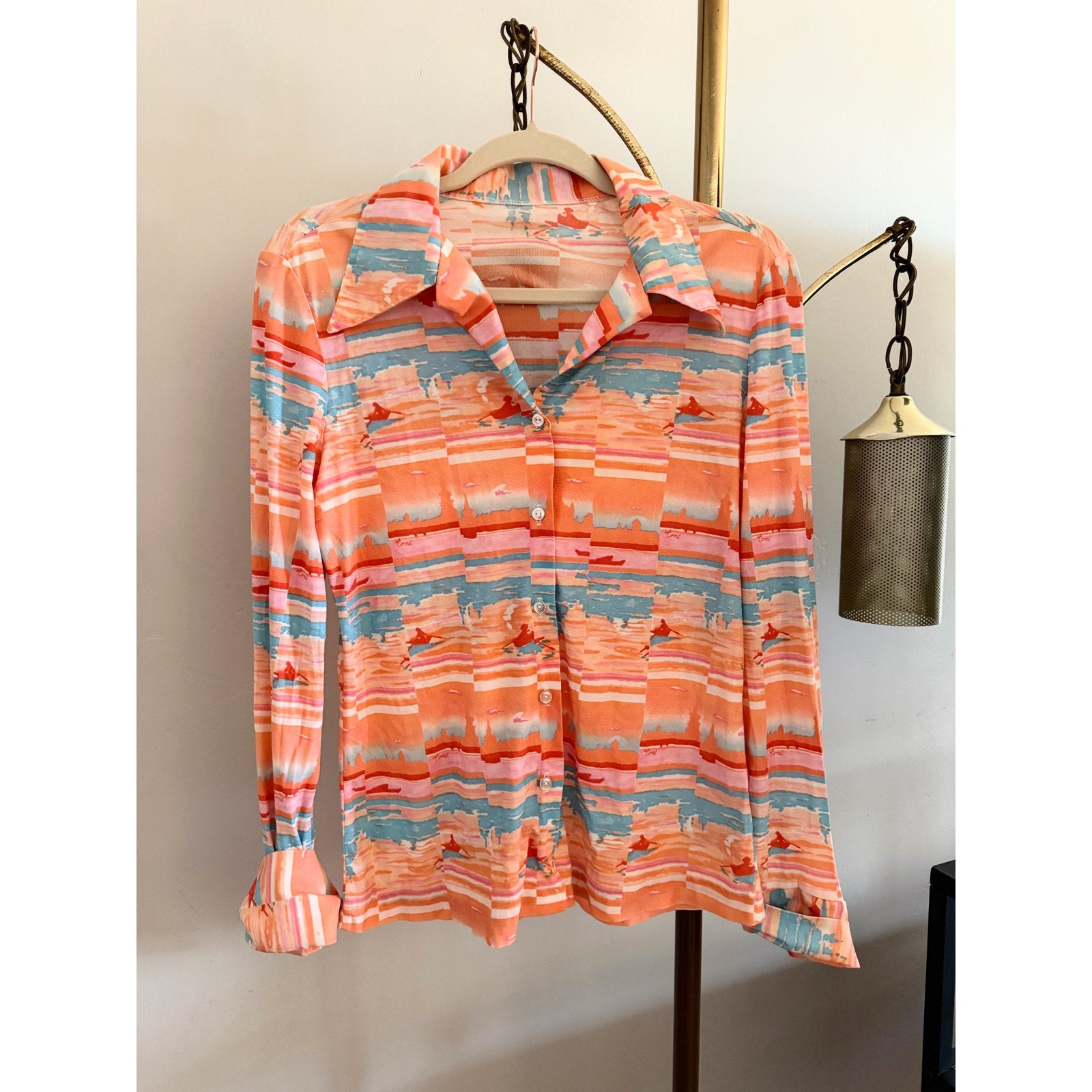 Vintage 70s Patterned Long Sleeve Disco Shirt | Button Up | Sunset Pattern