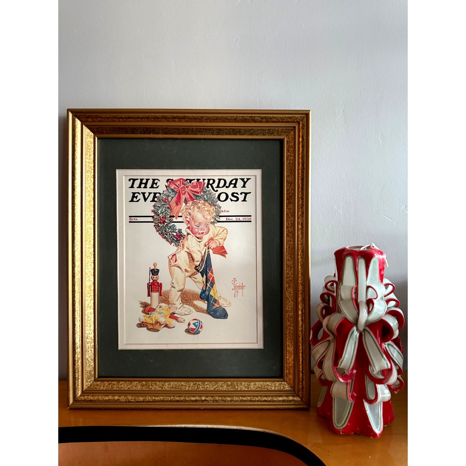 VTG Framed Print 1938 "Christmas Stocking Joy" Saturday Evening Post Cover Art