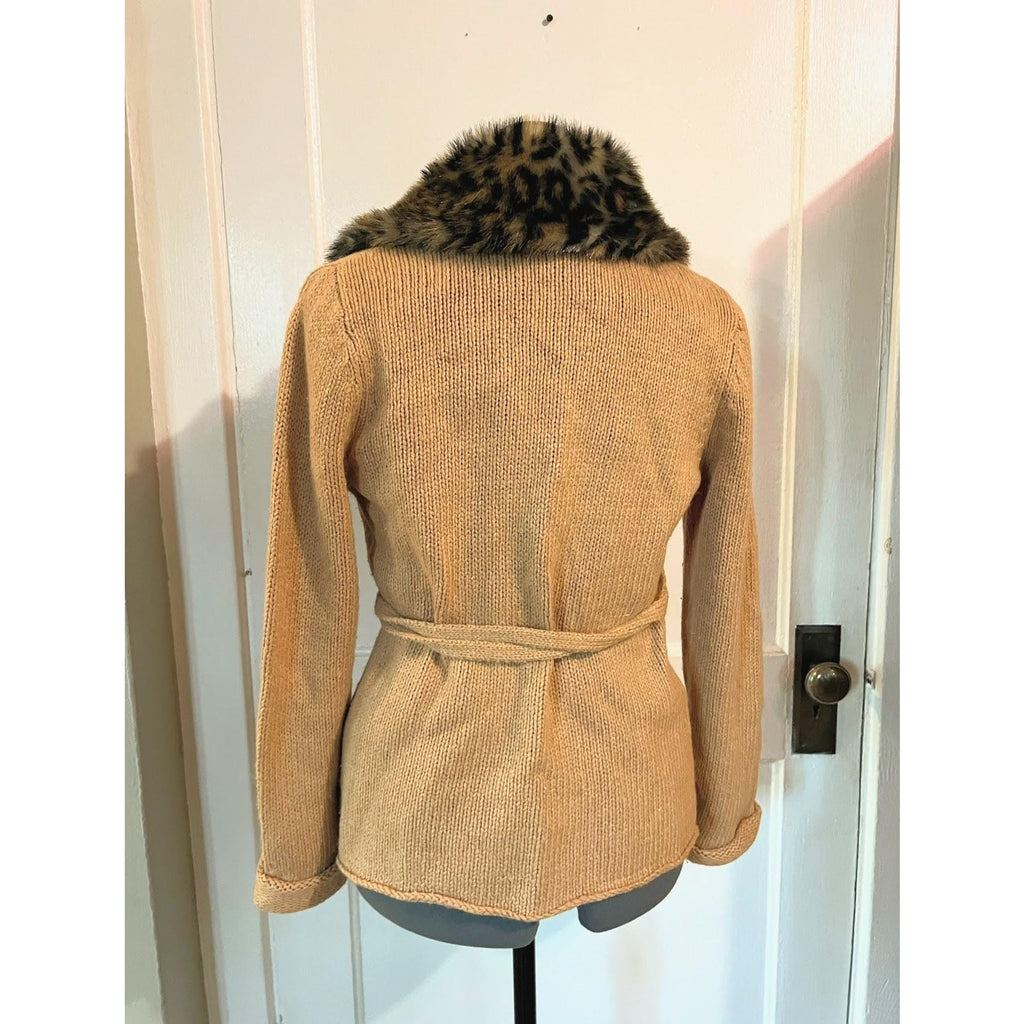 90s Vintage Leopard Print Faux Fur Collar Wrap Cardigan