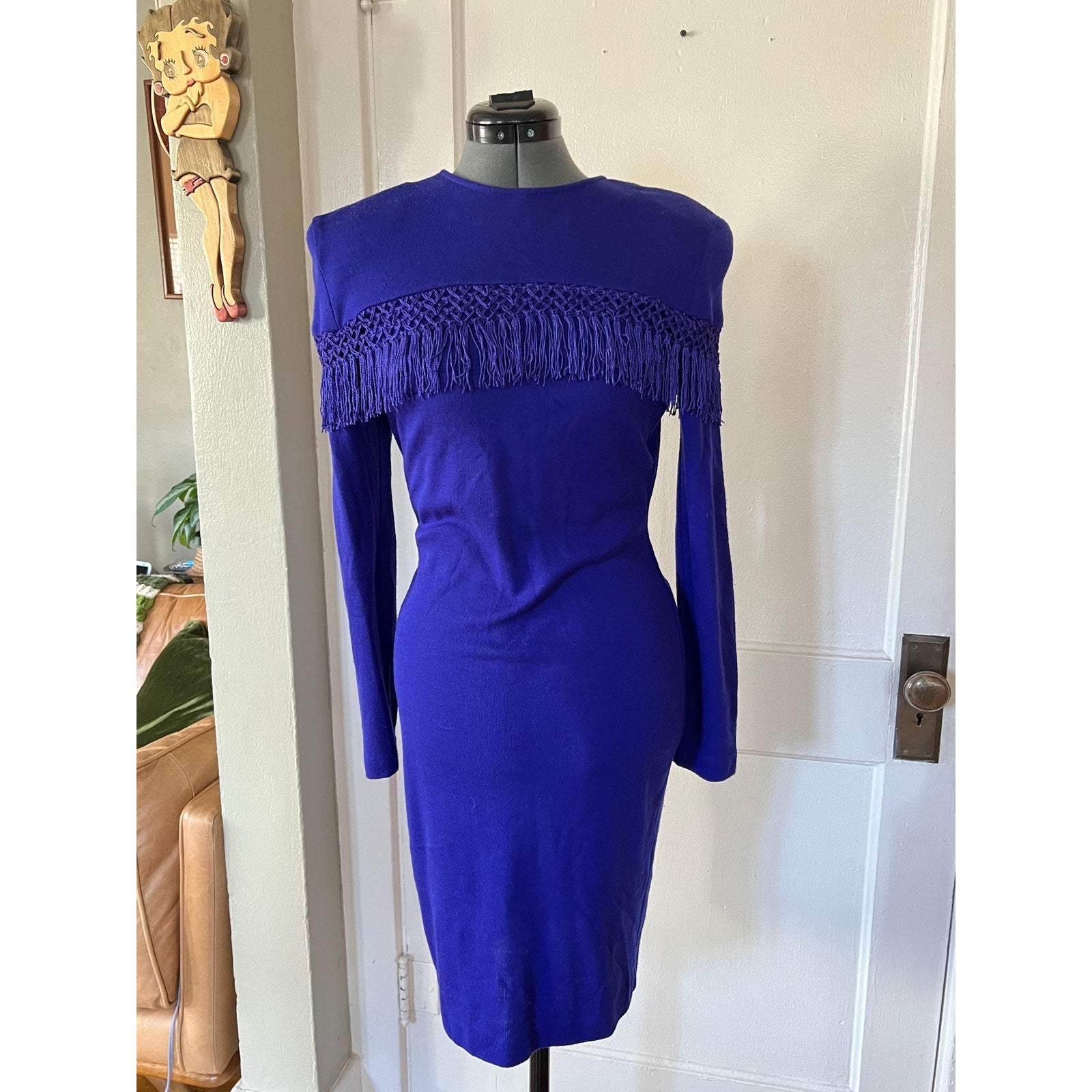 1980s Western Style Fringe Purple/Blue Sweater Dress - Size Small