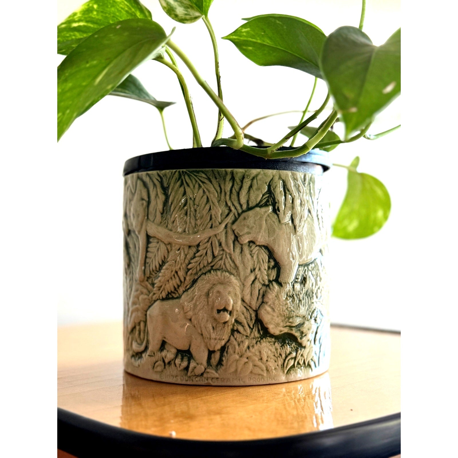 1975 Duncan Ceramic Green Embossed Jungle Animal Planter Pot