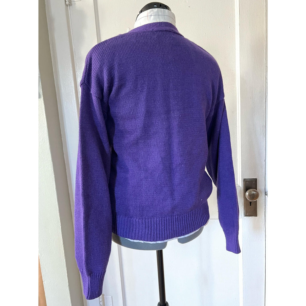 80s Patterned Knit Purple Cardigan Sweater | Size L