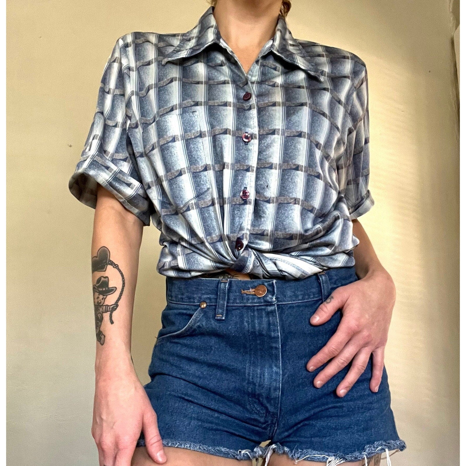 1970s Men's Short Sleeve Button Up Disco Shirt | Groovy Blue Pattern