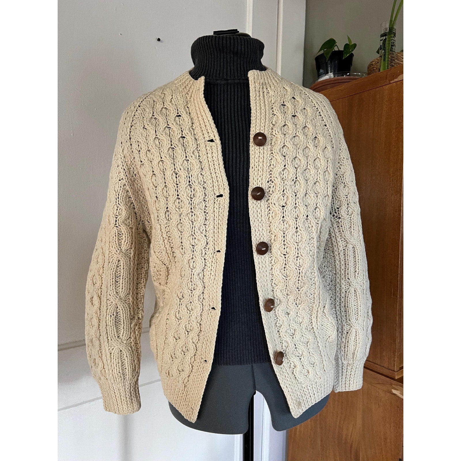 60s Pallas Irish Wool Fisherman Sweater / Cardigan | Size Medium