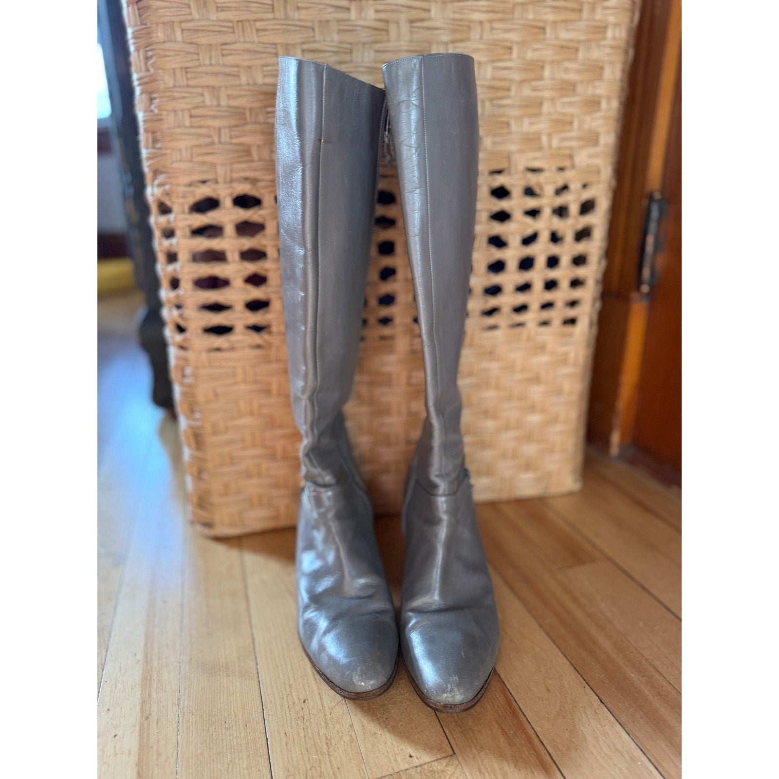 Vintage Salvatore Ferragamo Gray/Taupe Knee High Leather Boots | 8.5