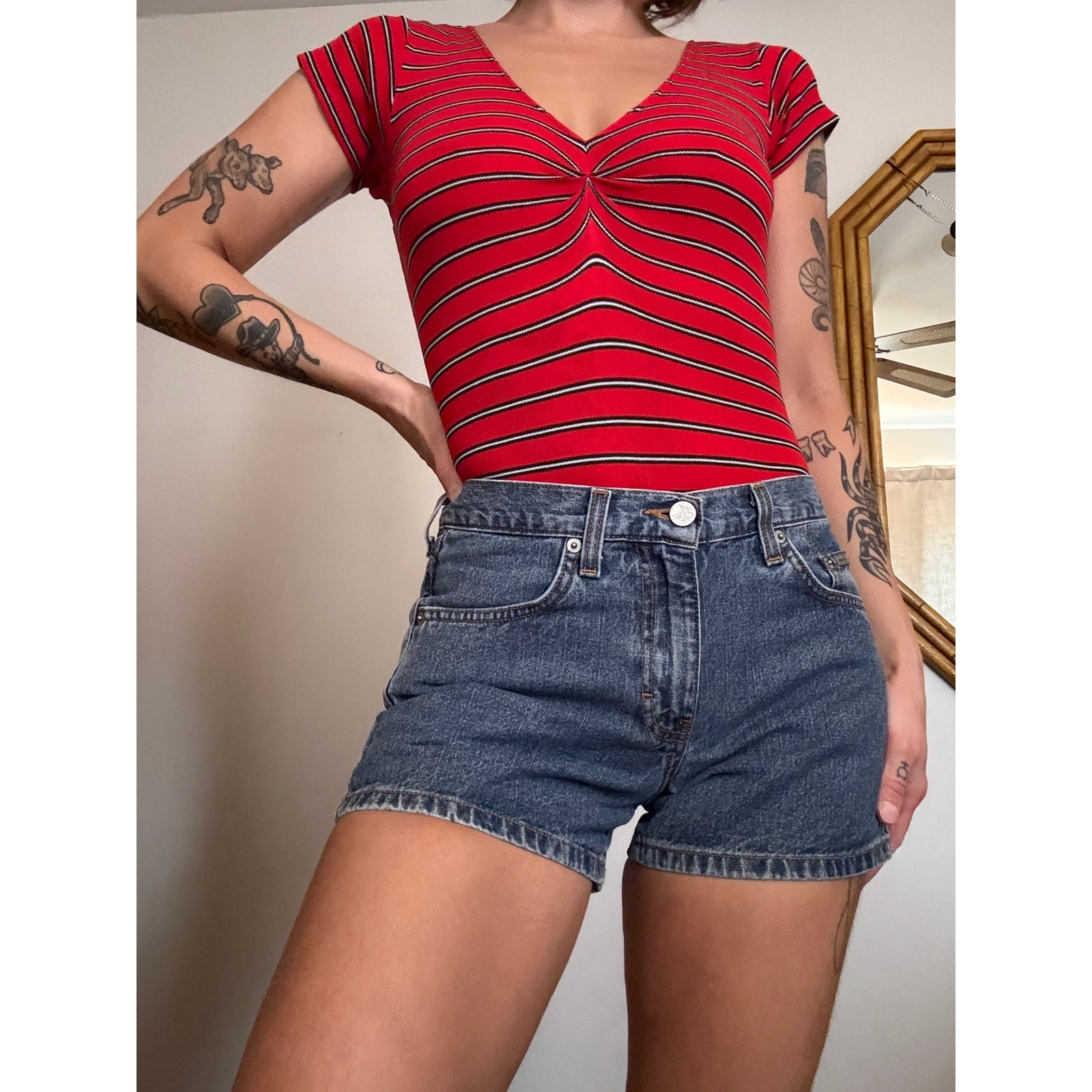 Vintage 90s Calvin Klein 5 Pocket Denim Shorts | Double Stone Wash | Size 3