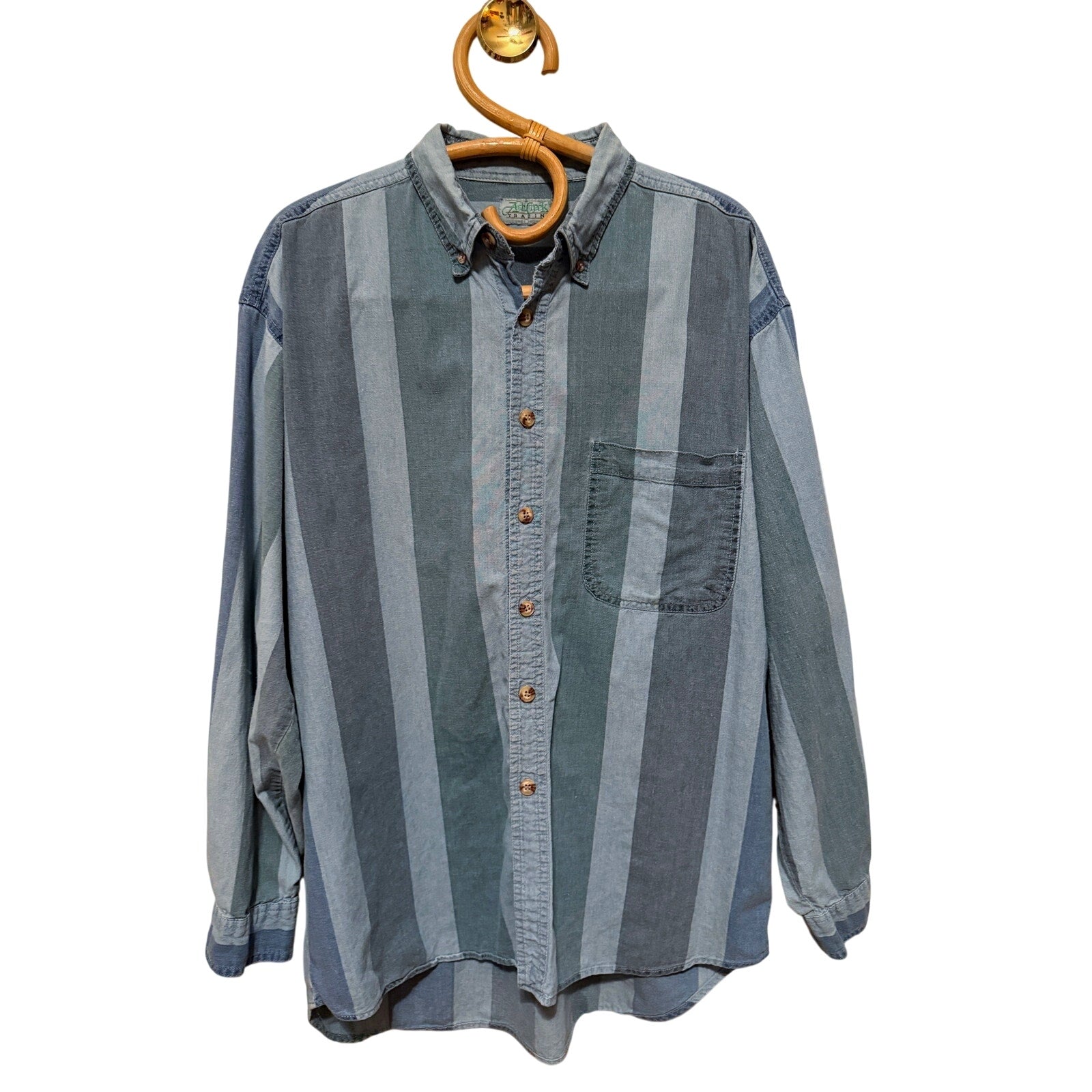 1990s Ash Creek Faded Denim Striped Button Up Shirt - Men's Large