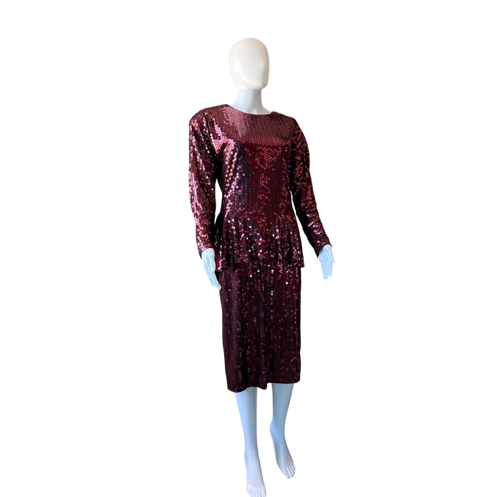 80s Oleg Cassini Maroon Sequin Drop Waist Peplum Party Dress | Size 6 - 8