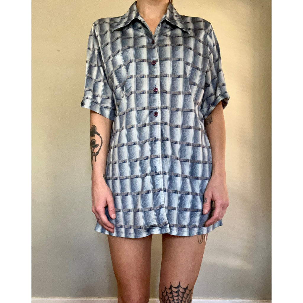 1970s Men's Short Sleeve Button Up Disco Shirt | Groovy Blue Pattern