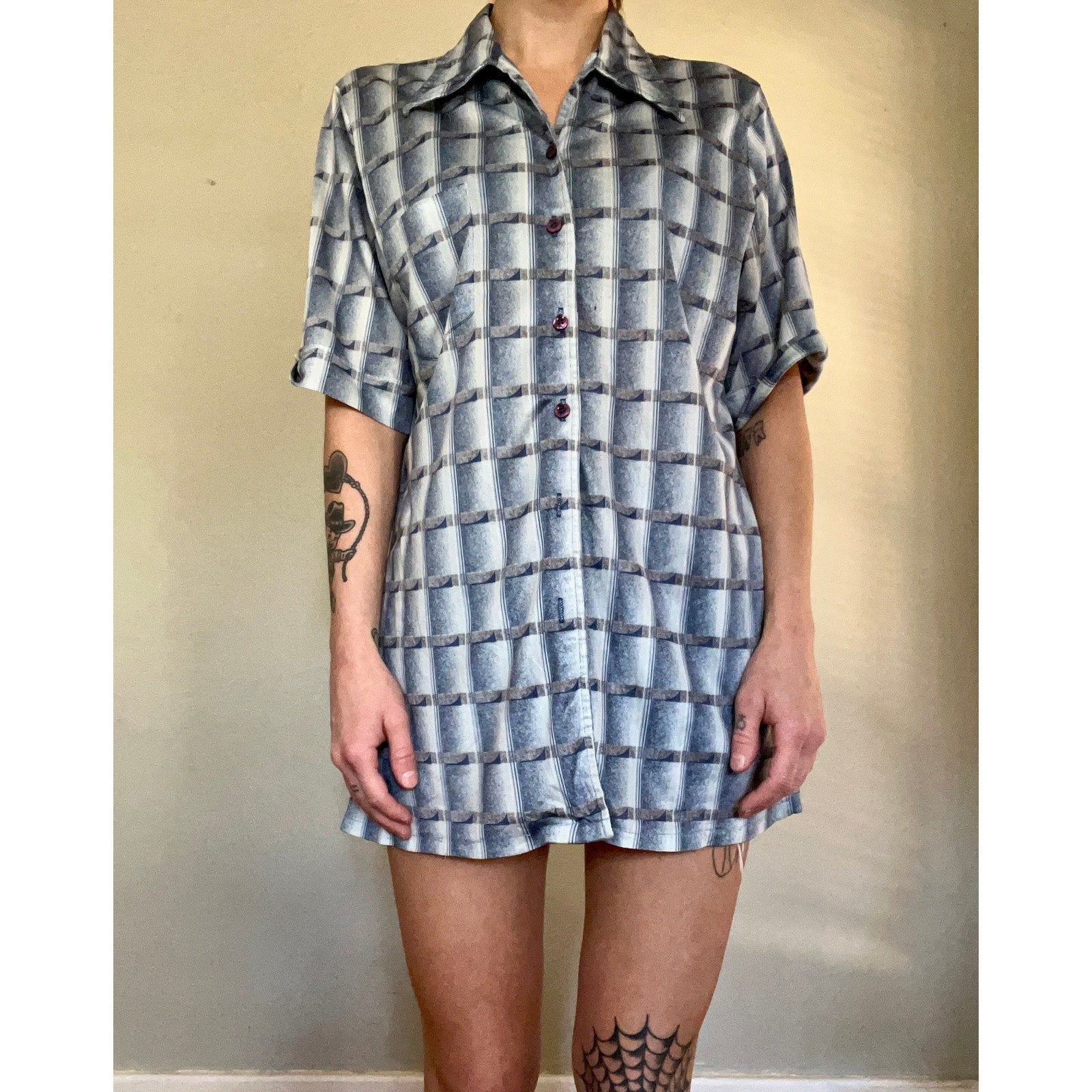 1970s Men's Short Sleeve Button Up Disco Shirt | Groovy Blue Pattern