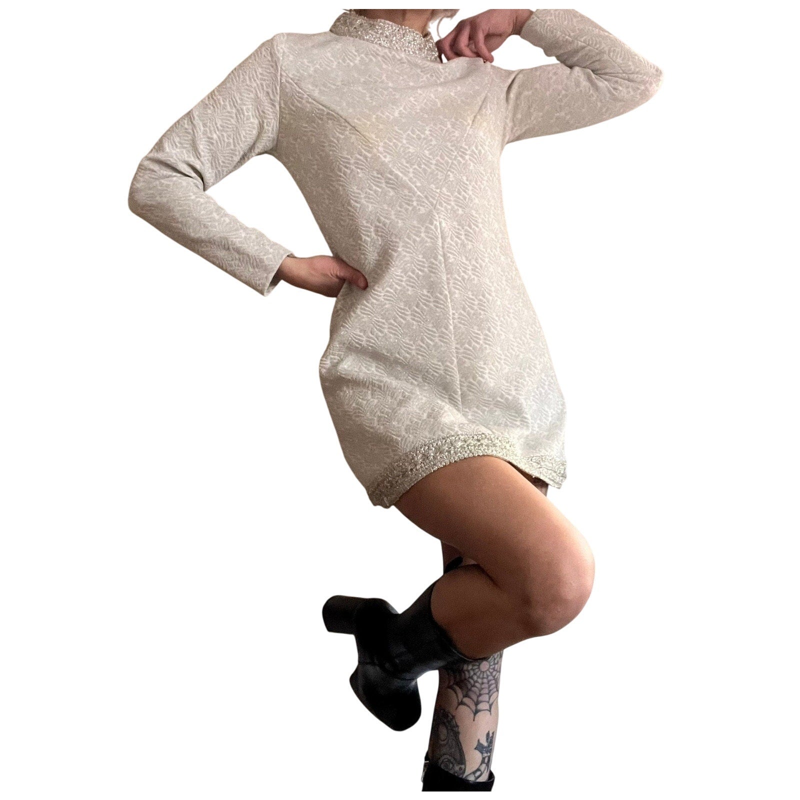 1960s Carol Brent Silver and White Mock Neck Mini Dress Trouser Set